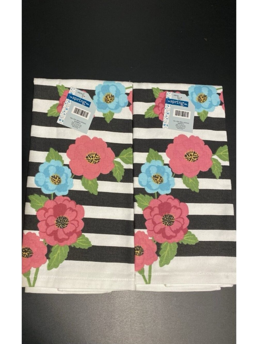LOT of 2 Kitchen Black & White Stripe & Floral Tea Dish Towels Retro Set NEW NWT